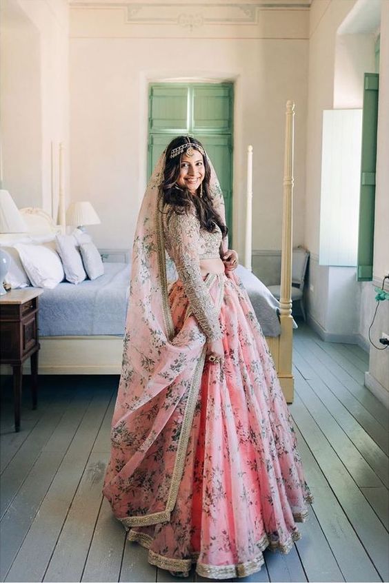 image of pink lehenga with floral prints